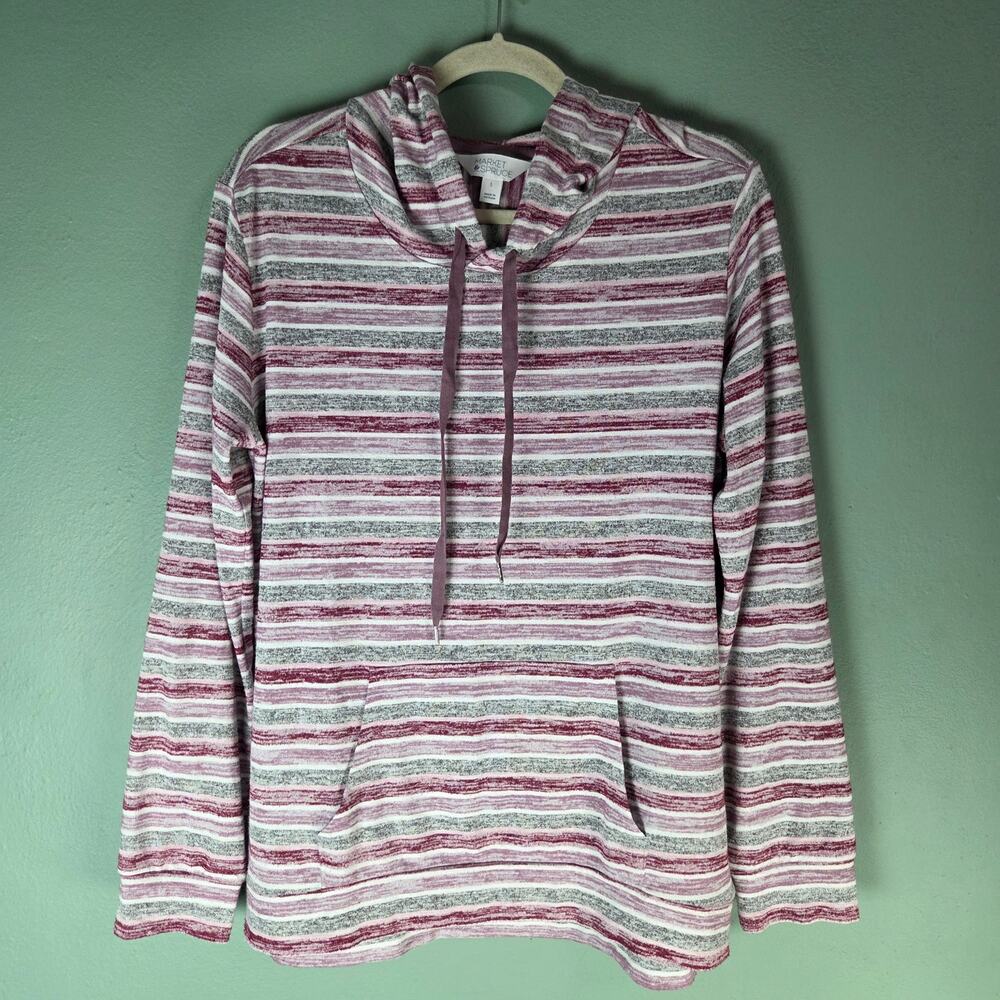 Market & Spruce Hoodie Womens Large Pink Gray Perine Pocket Striped Pullover Top